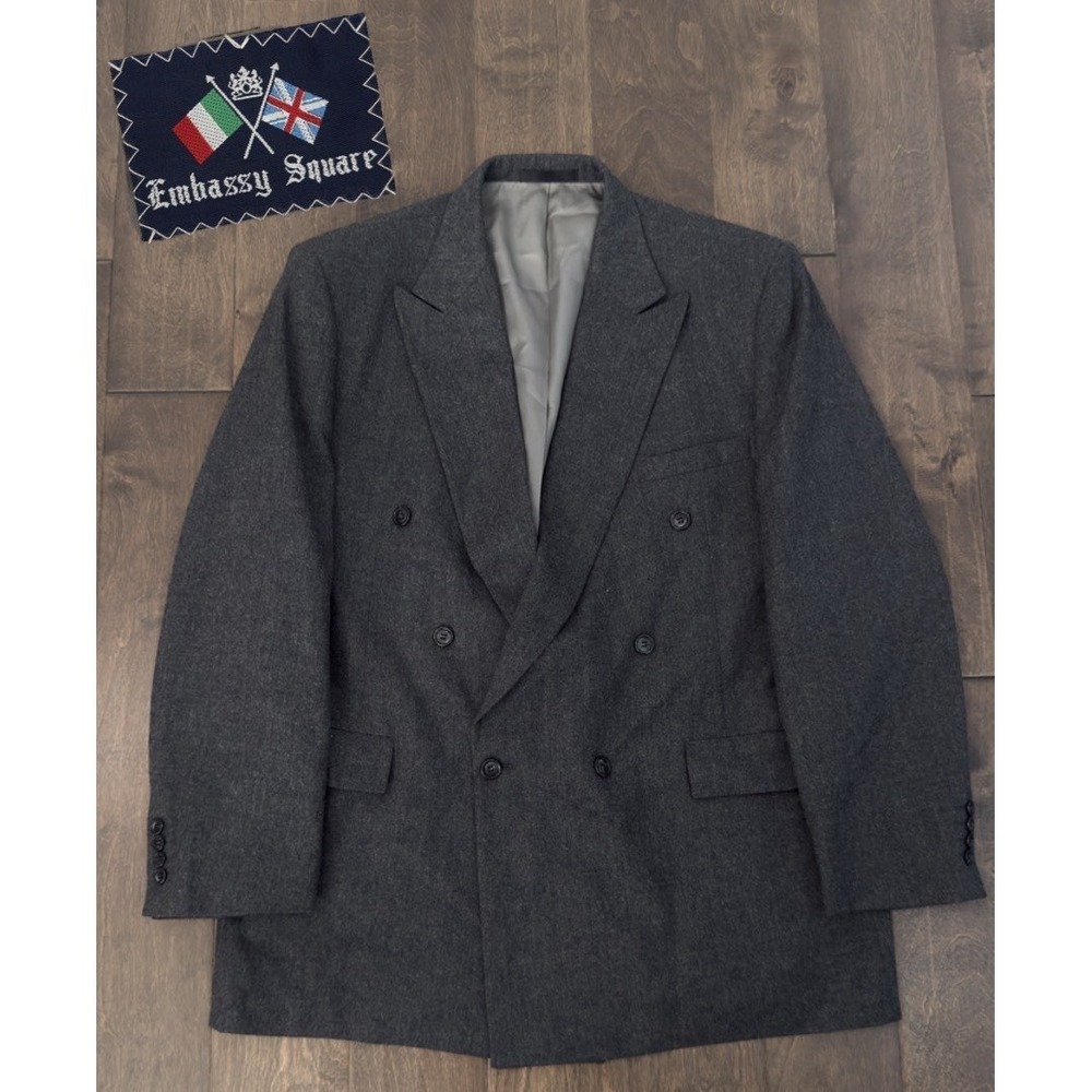 Embassy Square Mens Double Breasted Gray Wool Business Suit Jacket Blazer 48L